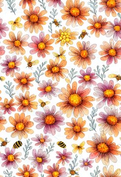 Wildflowers and bees seamless pattern, Meadow flowers with bees and honeycombs, Floral repeat pattern, Watercolor illustration