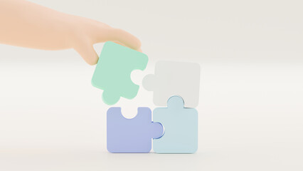 Hand holding jigsaw puzzle to connect, Symbol of teamwork, Problem-solving, Cooperation, Partnership, Strategy jigsaw business concept, 3d rendering.