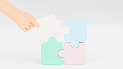 Hand holding jigsaw puzzle to connect, Symbol of teamwork, Problem-solving, Cooperation, Partnership, Strategy jigsaw business concept, 3d rendering.