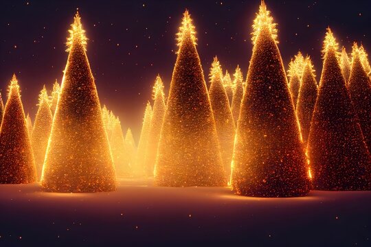 AI-generated Christmas theme background with snowy Christmas trees at night