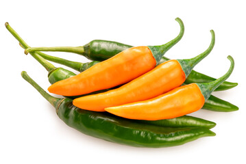Closeup fresh peppers chili on white, korean Green and Yellow peppers chili on white background with clipping path.