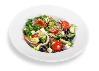 Close-up photo of fresh salad with vegetables in white plate
