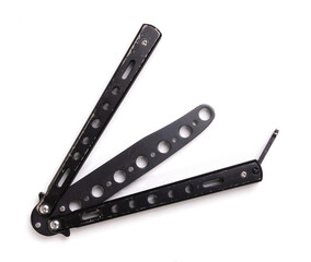 Image of a stainless steal butterfly training knife, or a balisong, over a white background