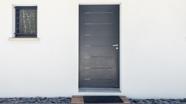 Gray Front Door Of Modern New House Street Facade