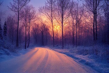 The road in the winter forest at dawn. Russia, Ural