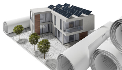 Energieeffizientes Bauen an einem Mehrfamilienhaus ausgestattet mit Solarmodulen - 3D Visualisierung