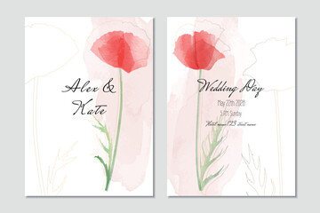 Vector watercolor wedding invitation template with poppies