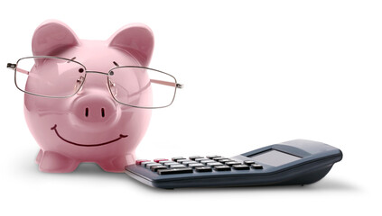 Piggy Bank Wearing Glasses With Calculator - obrazy, fototapety, plakaty