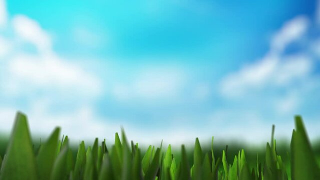 Golf club hits a golf ball in a super slow motion close up on grass blue sky, in sunny morning. visible, 3D animation