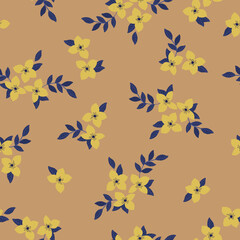 Cute floral pattern. Seamless vector texture. An elegant template for fashionable prints. Print with yellow flowers and blue leaves. beige background.