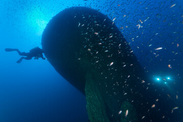 Elica del piroscafo Salpi, affondato vicino a Capo Ferrato, Sardegna, sul lato sub con rebreather