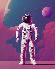 Vertical of AI-generated astronaut in a space suit isolated on a pink cosmos background