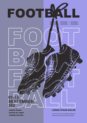 Template Sport Layout Design, soccer football. Football league tournament poster vector illustration. Boots, soccer, pair, clothing, equipment background.