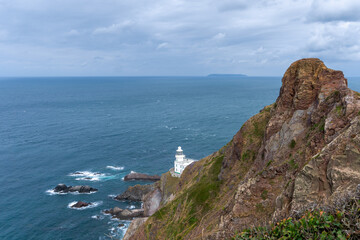 view of the historic Hartland Point lighthouse and headland on Bristol Bay