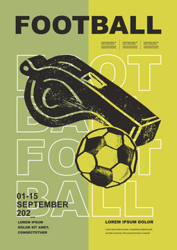 Template Sport Layout Design, soccer football. Football league tournament poster vector illustration. Soccer, ball, whistle, football pitch background.