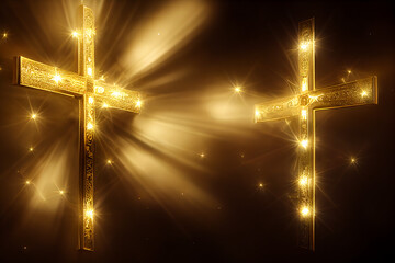 Two Glowing Golden Christian Crosses with Bright Shining Lights Emanating | Created Using Midjourney