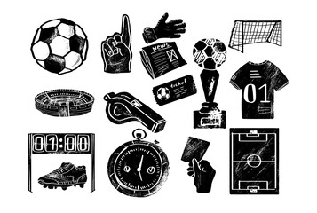 Association football or soccer engraving, ink set. Vector drawing isolated on white background © zhu