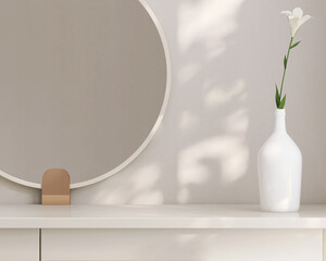 Empty modern, minimal and luxury cream dressing table top, vase of flower, round mirror in white wall bedroom with sunlight and leaf shadow for beauty, cosmetic product display background