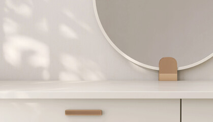 Empty modern, minimal and luxury cream dressing table top, round mirror in white wall bedroom with...