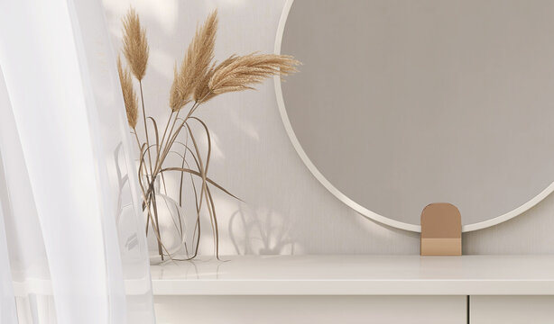 Empty modern, minimal and luxury cream dressing table top, vase of pampas, round mirror, curtain in white wall bedroom with sunlight and leaf shadow for beauty, cosmetic product display background