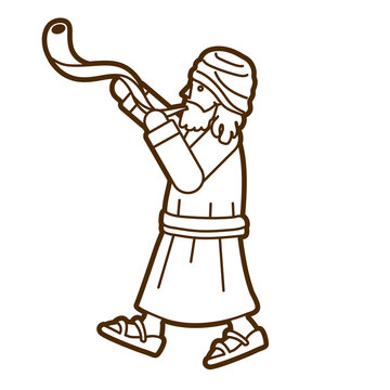 man blowing shofar, line art clip art preview