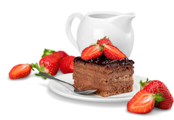 Piece of cake with chocolate creame isolated on white