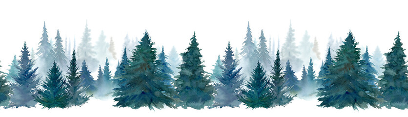 針葉樹林の水彩イラスト。奥行きのある森林の風景。シームレスパターン。 - obrazy, fototapety, plakaty