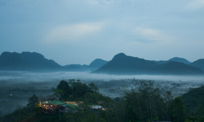 Early morning mist and beautiful mountain in south Thailand