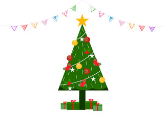 Christmas trees with ornaments in flat vector.