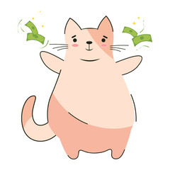 Cute cat with banknotes. Funny cat shows stacks of flying banknotes and acts as a happy and proud emotion. For banners, stickers. In flat style. vector illustration.