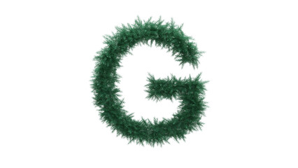 Capital letter G from Christmas tree twigs on transparent background. Christmas alphabet. Letters from Christmas tree branches without decorations. 3d illustration