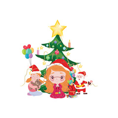 Kids on Christmas day decorate the charismas tree, Cute girl wearing Christmas hat and holding cute baby and happy cute kid boy give flower to friend on Christmas vector isolated on white background.
