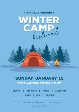 Modern flat illustrated winter camping vertical poster. winter camp social media posts. Flat winter camping flyer or brochure template