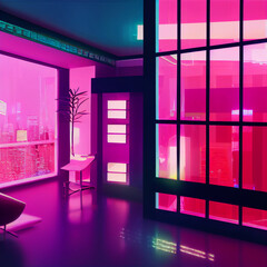 Cyberpunk style living room, neon lighting - AI Generated illustration