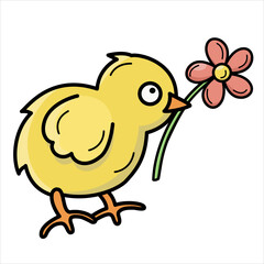 Little cute vector yellow color chicken with a flower in its beak with black outine. Easter, spring, summer theme.