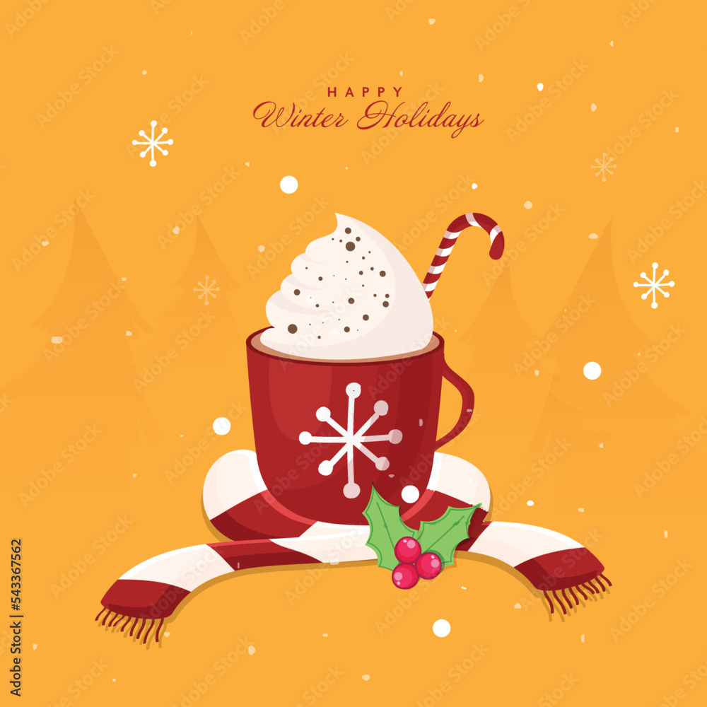 Sticker Happy Winter Holidays Poster Design With Whipped Cream Cocoa Cup, Candy Cane, Wool Scarf And Holly Berry On Orange Snowfall Background.