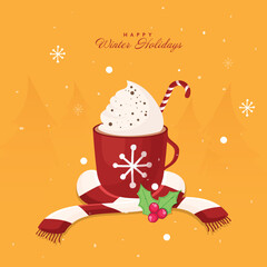 Happy Winter Holidays Poster Design With Whipped Cream Cocoa Cup, Candy Cane, Wool Scarf And Holly Berry On Orange Snowfall Background.