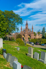 View of Green Wood cemetery in Brooklyn with Manhattan city skyline