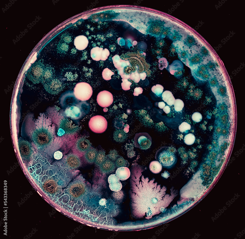 Sticker colonies of microorganisms on the surface of agar in a petri dish bacteria and fungi from the surfac