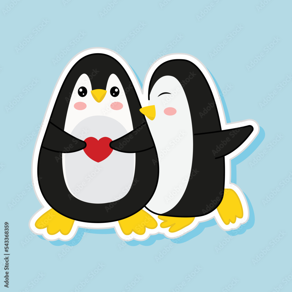 Poster Kissing Penguin With A Heart Over Blue Background In Sticker Style.