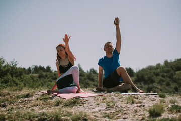 Yoga partners making yoga poses