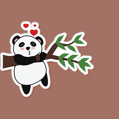Sticker Style Love In Panda Hanging Branch Against Brown Background.