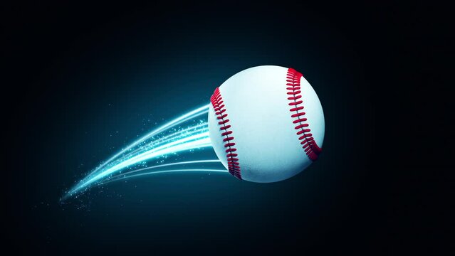 Baseball ball speed fast magic effect in blue flames and lights black background 3D rendering
