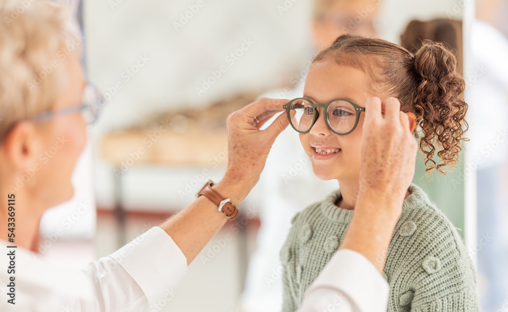 Poster Vision, eye care glasses and child with optometrist for ophthalmology consultation, help or support with eyesight. Healthcare service, optical check and expert consulting youth patient at eye exam