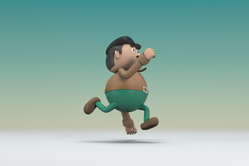 The man  with mustache wearing a brown long sleeve shirt green pants.  He is running. 3d illustrator of cartoon character in acting.