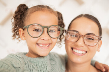 Woman with glasses, eye care for child and frame lens with happy girl face or optician vision for sight. Family portrait with mother, advertising optometrist spectacles deal and eyes looking together