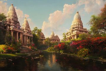 AI generated image of a beautiful Hindu temple complex with a stream and colorful flowers 
