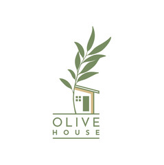 Garden Olive Leaf Plant with House for Fresh Home Real Estate Residential Mortgage Apartment Building Logo Design