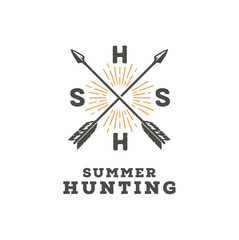 Cross Arrow with Sun Rays Initials Letter for Rustic Vintage Retro Summer Hunting Logo Design