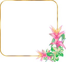 Obraz premium Tropical gold frame design with leaves and flowers, exotic floral illustration design, wedding invitation